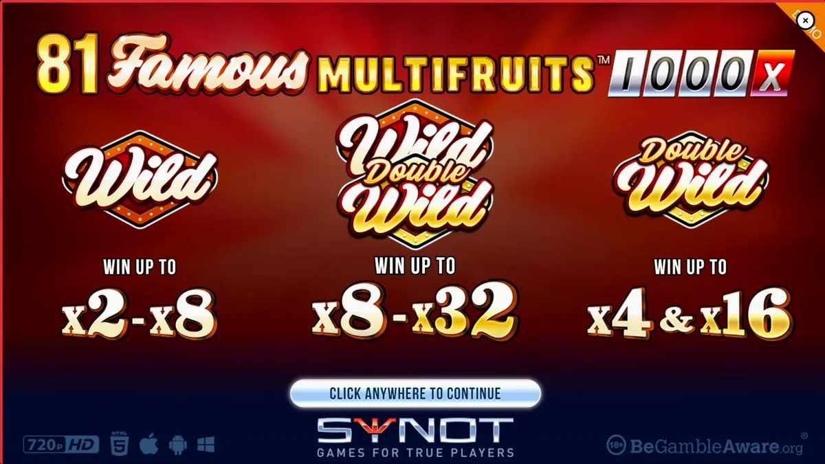 Tampilan visual slot 81 Famous Multifruits 1000 dengan simbol buah dan neon