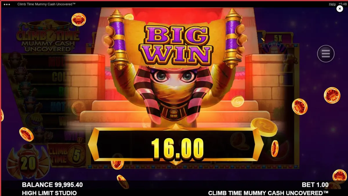 Tampilan visual slot Climb Time Mummy Cash Uncovered dengan nuansa malam Mesir