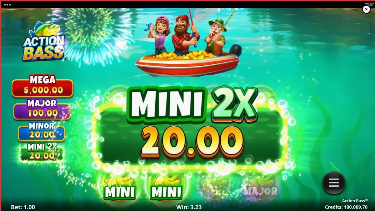 Pemandangan tepi danau yang tenang dalam permainan slot Action Bass