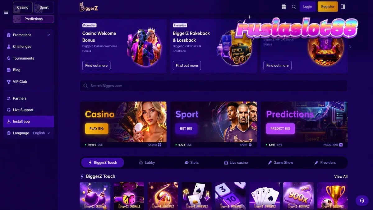 Antarmuka platform BiggerZ yang menampilkan berbagai pilihan permainan kasino dan taruhan olahraga.
